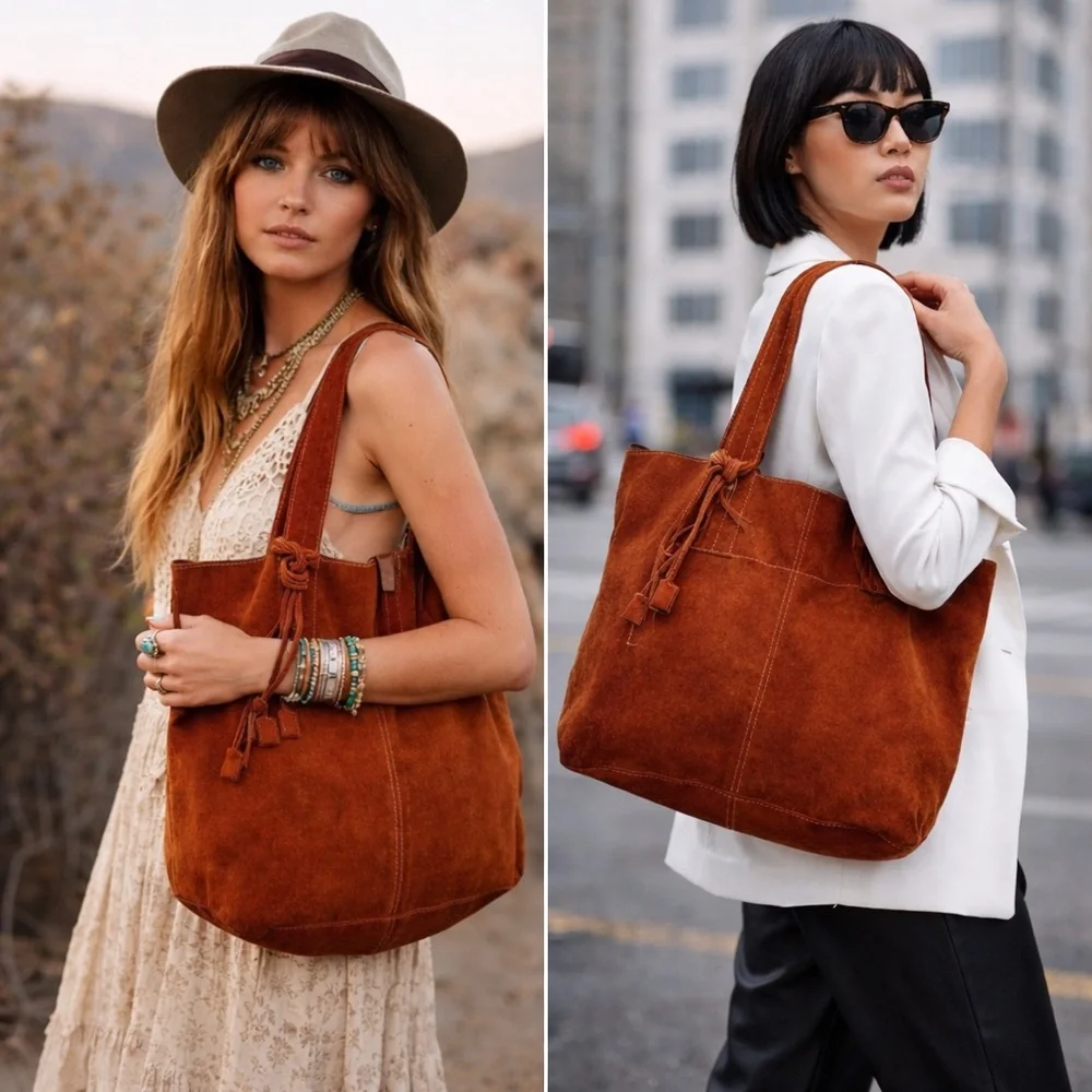 Leather Suede Brown Cognac Purse‎ Bag Boho Bohemian Stitching Key Strap Lining